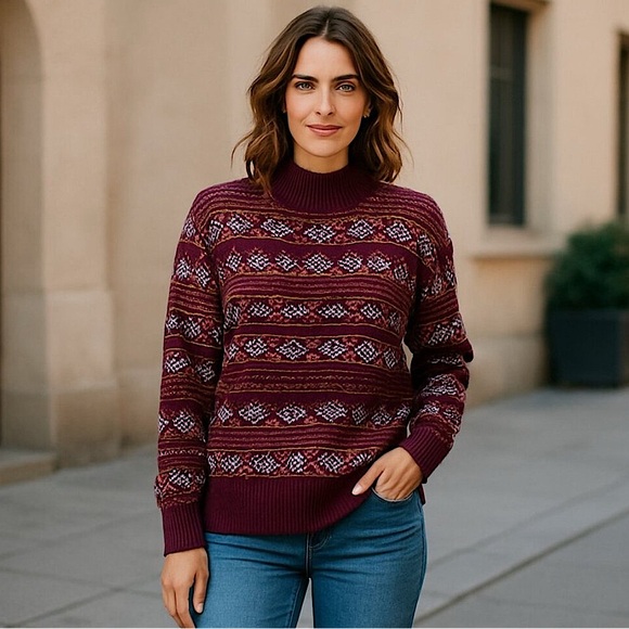 LOFT Fair Isle Purple Burgundy Cozy Mock Neck Sweater Size Small Like New - Picture 1 of 7